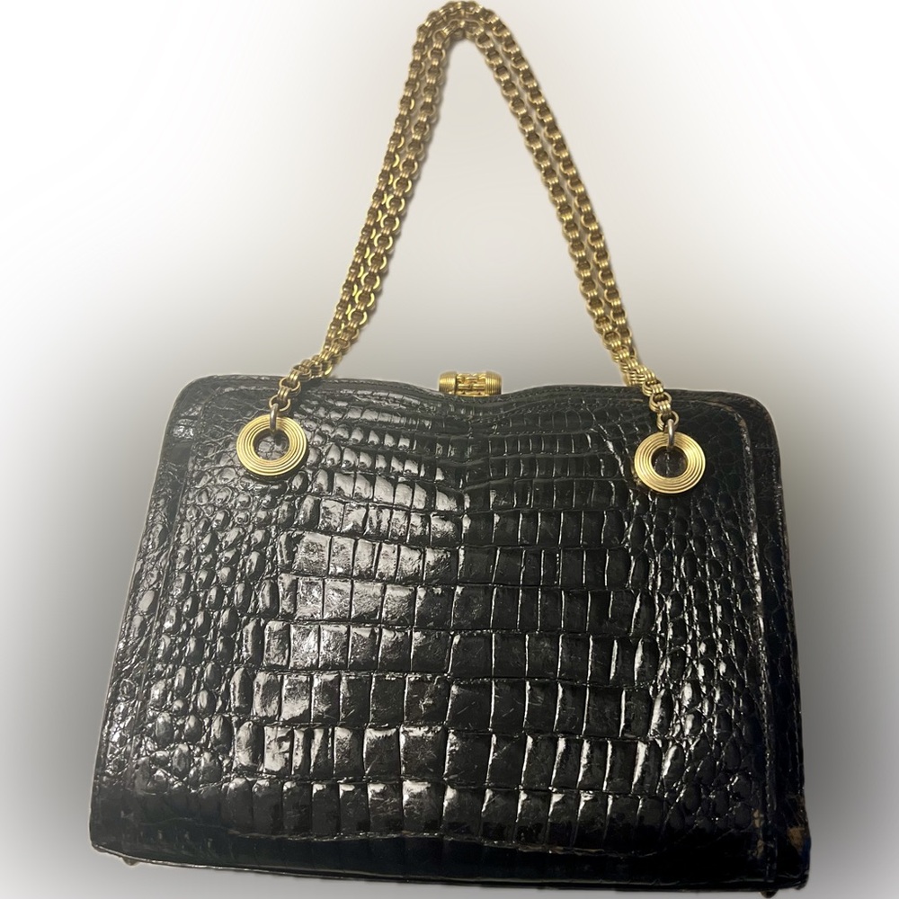 Mark Cross Alligator Vintage Handbag W/ Elegant Gold Chain Shoulder Strap - Picture 13 of 16